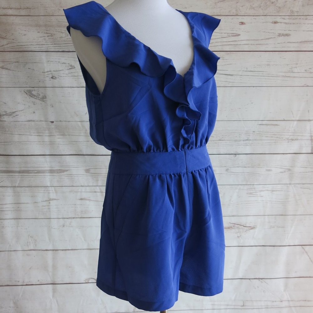 Pins and Needles Blue Full Zip Front Sleeveless Deep Ruffle V Neck Romper Size 4 - Picture 2 of 7